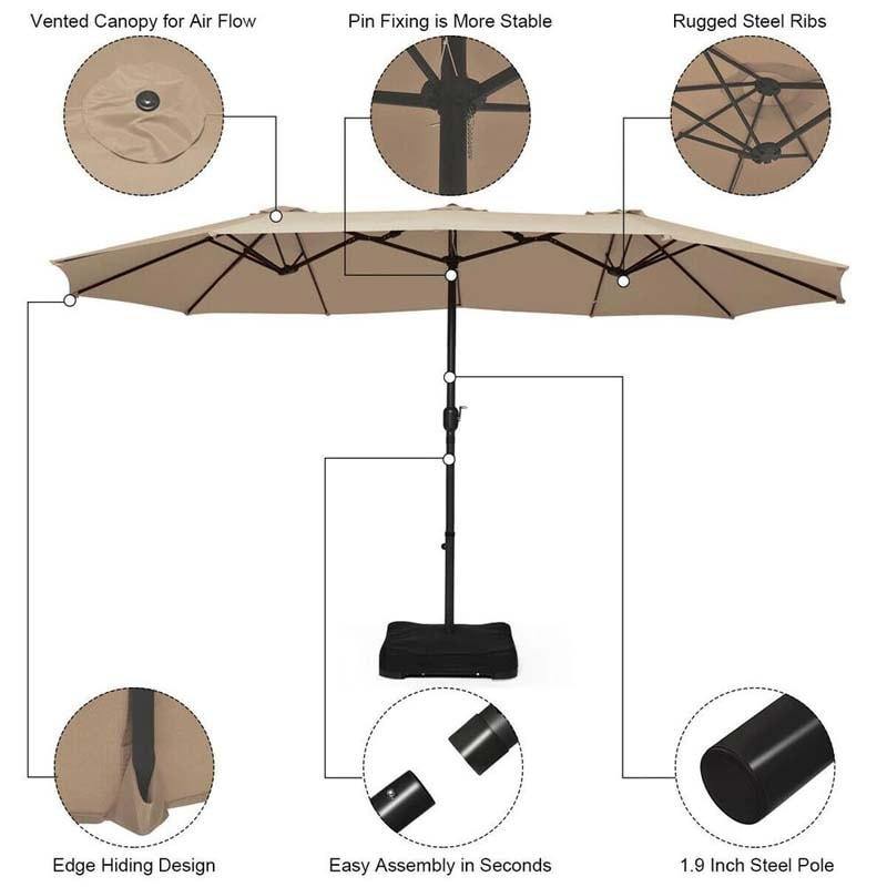 15 FT Ultra-large Double Sided Steel Outdoor Market Patio Umbrella with Base, UV Sun Protection & Easy Crank