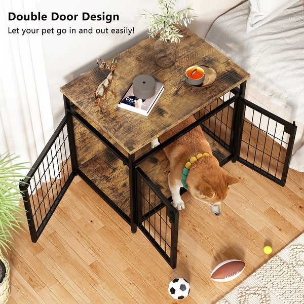 Grondin Rustic Industrial Style Wooden Dog Crate Dog Kennel with Three Lockable Doors， Indoor Pet Furniture Dog House End Table