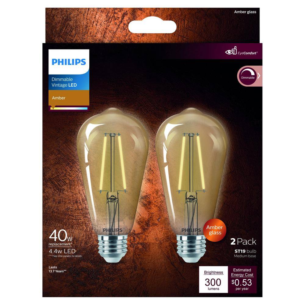 Philips 40-Watt Equivalent ST19 Straight Filament E26 Base LED Vintage Edison LED Light Bulb 2000K Amber (2-Pack) 564849