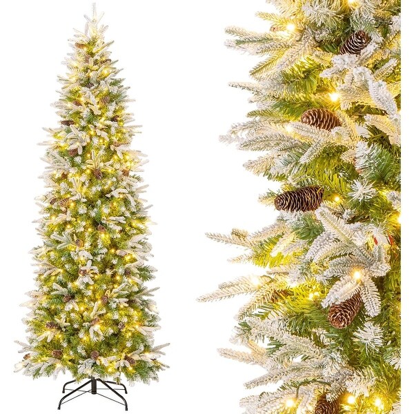 6/7.5/9 FT PreLit Pencil Christmas Tree Snow Flocked Artificial Tree