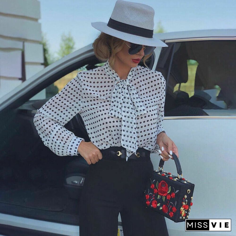 Elegant Ladies Shirt Women's Long Sleeve Shirt Office Lady Work Wear Formal Shirts Tops Blouse Polka Dot Women Blouses