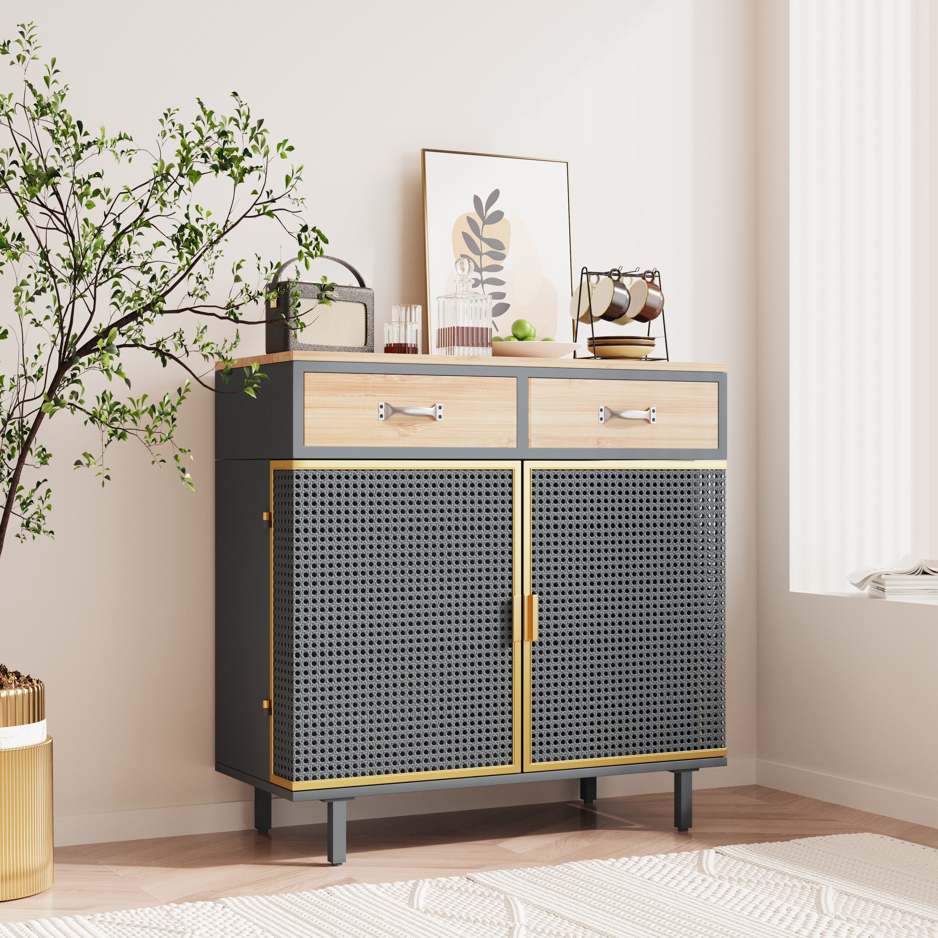 2 Drawer Sideboard Made with Iron and Carbonized Bamboo