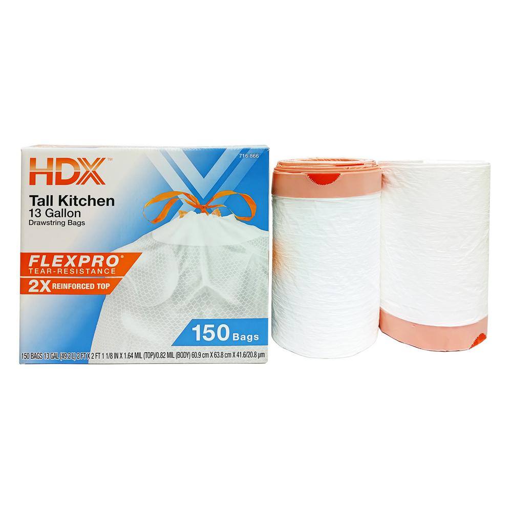 HDX FlexPro 13 Gal. Reinforced Top Drawstring Kitchen Trash Bags (600-Count) HD13XHF150W-4PK