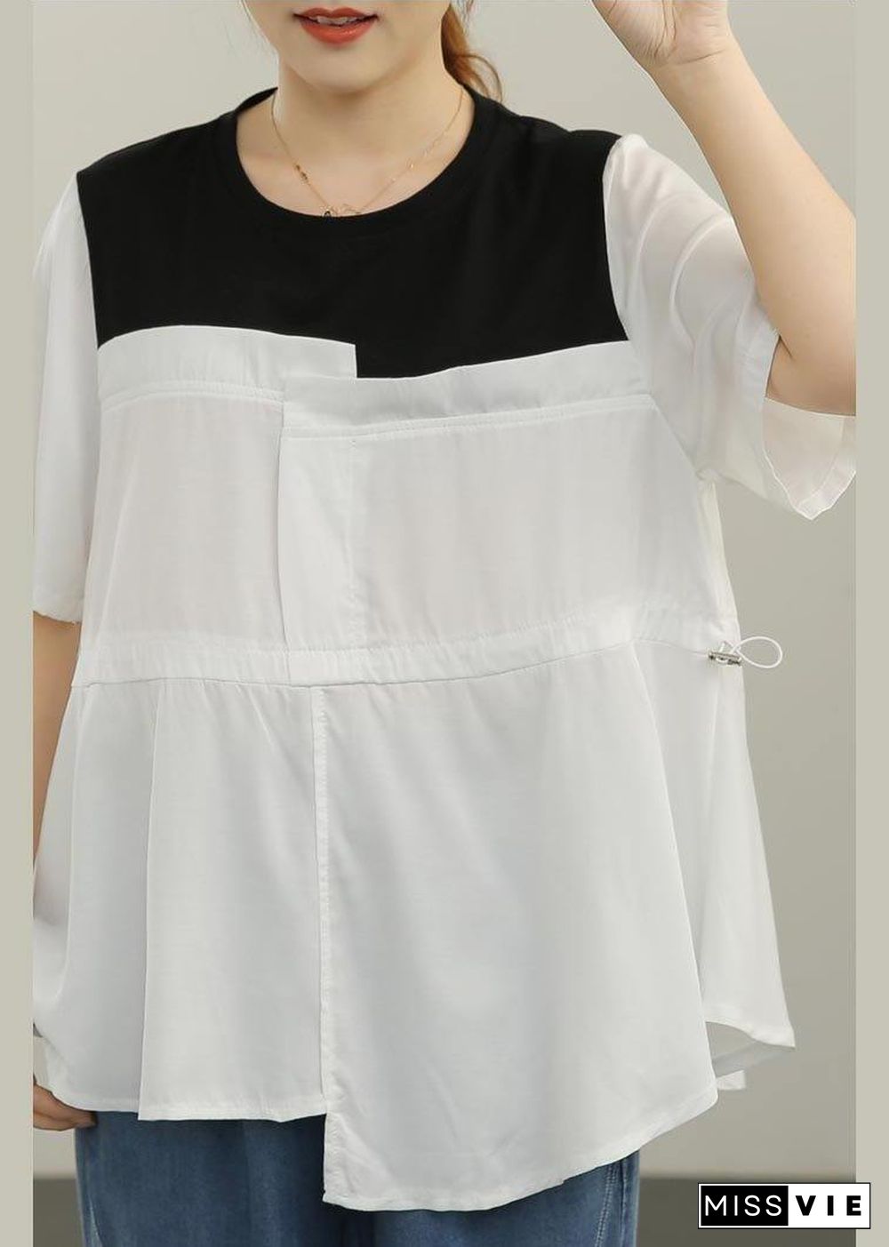 French White Patchwork O-Neck Blouses Summer