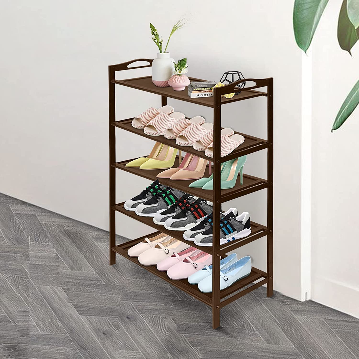 Flkoendmall 5-Tier Bamboo Shoe Rack Shoe Storage Organizer Shoe Shelf Brown for Entryway