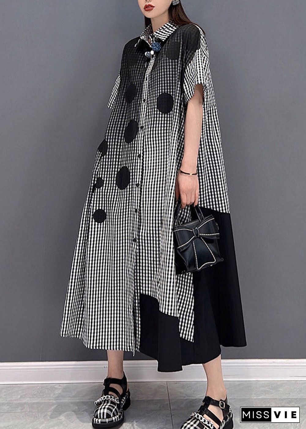 Grey Dot Print Patchwork Long Dress Loose wrinkled Short Sleeve