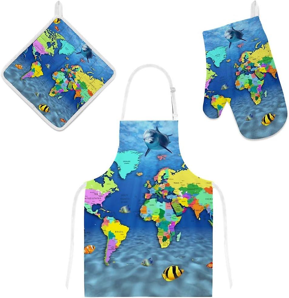 Insulation Kitchen Oven Mitts Potholder Apron 3pcs Set Dolphins World Map Non Slip Heat Resistant Gloves For Baking Cooking Bbq