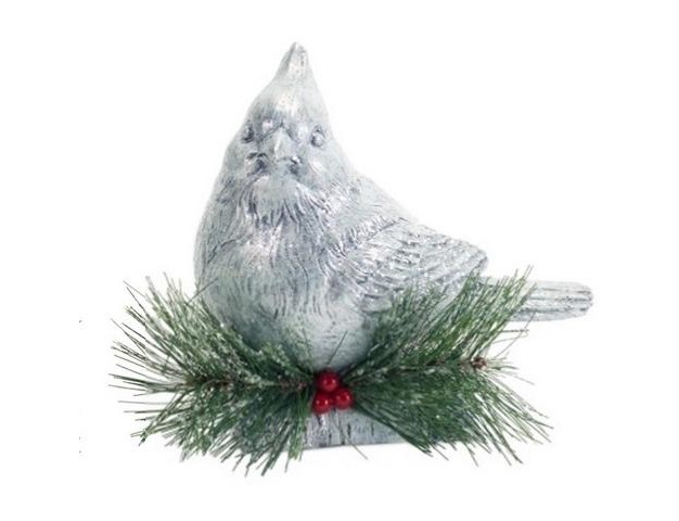 Gray And Green Cardinal Perched On Log With Pine Cones Christmas Tabletop Decor