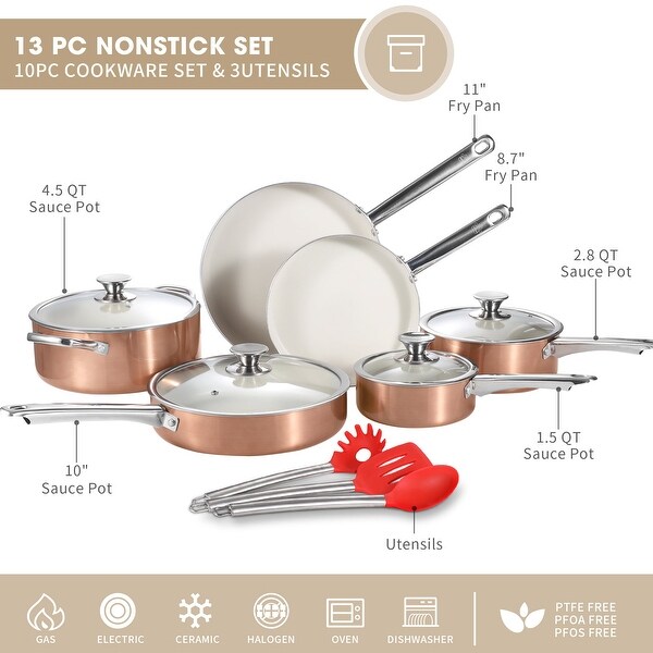 13-Piece Non-stick Ceramic Cookware Set with Stainless Steel Handles