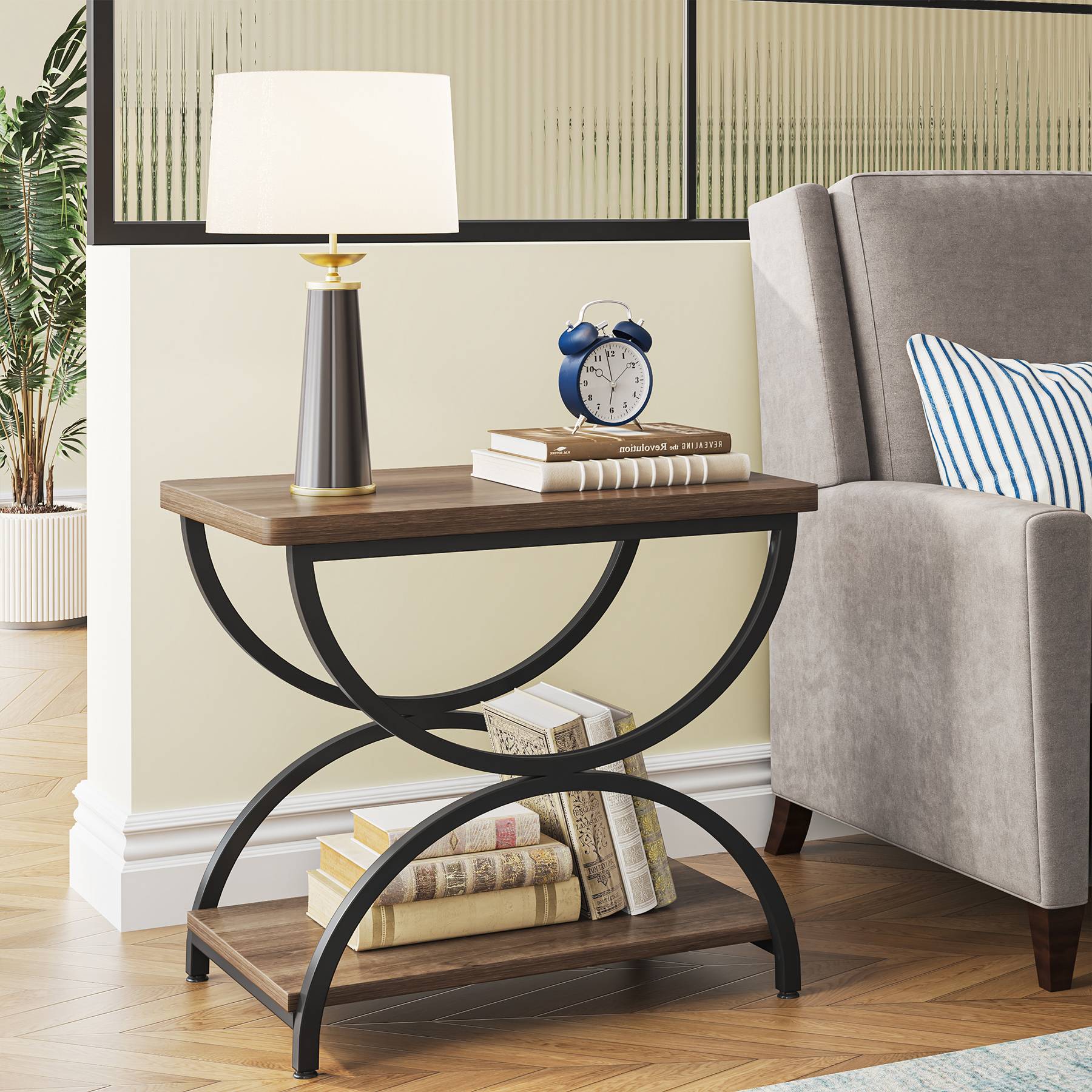 2-Tier End Table, Rectangular Side Table with Stylish Metal Frame