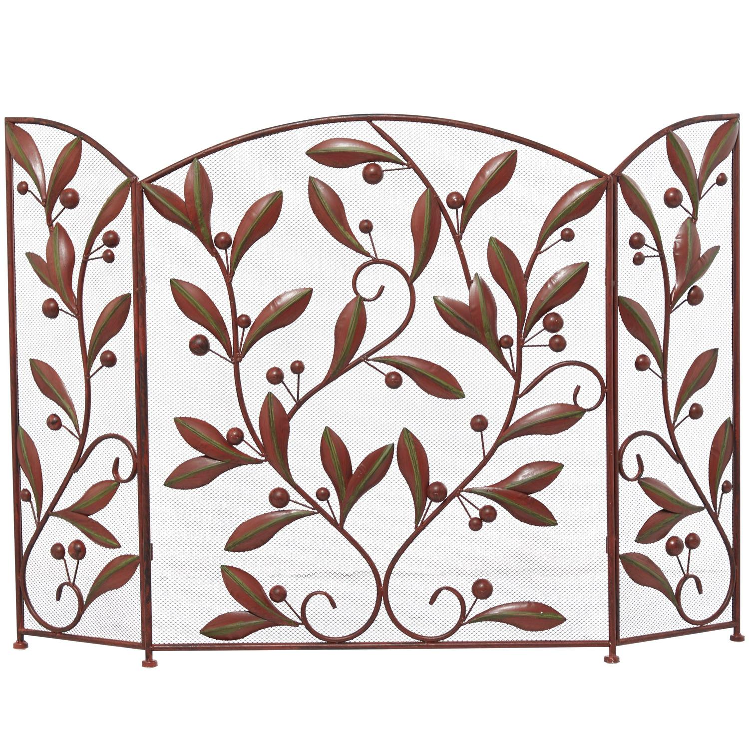 DecMode 45 x 30 Red Metal Foldable Mesh Netting 3 Panel Fireplace Screen with Leaf and Vine Relief， 1-Piece