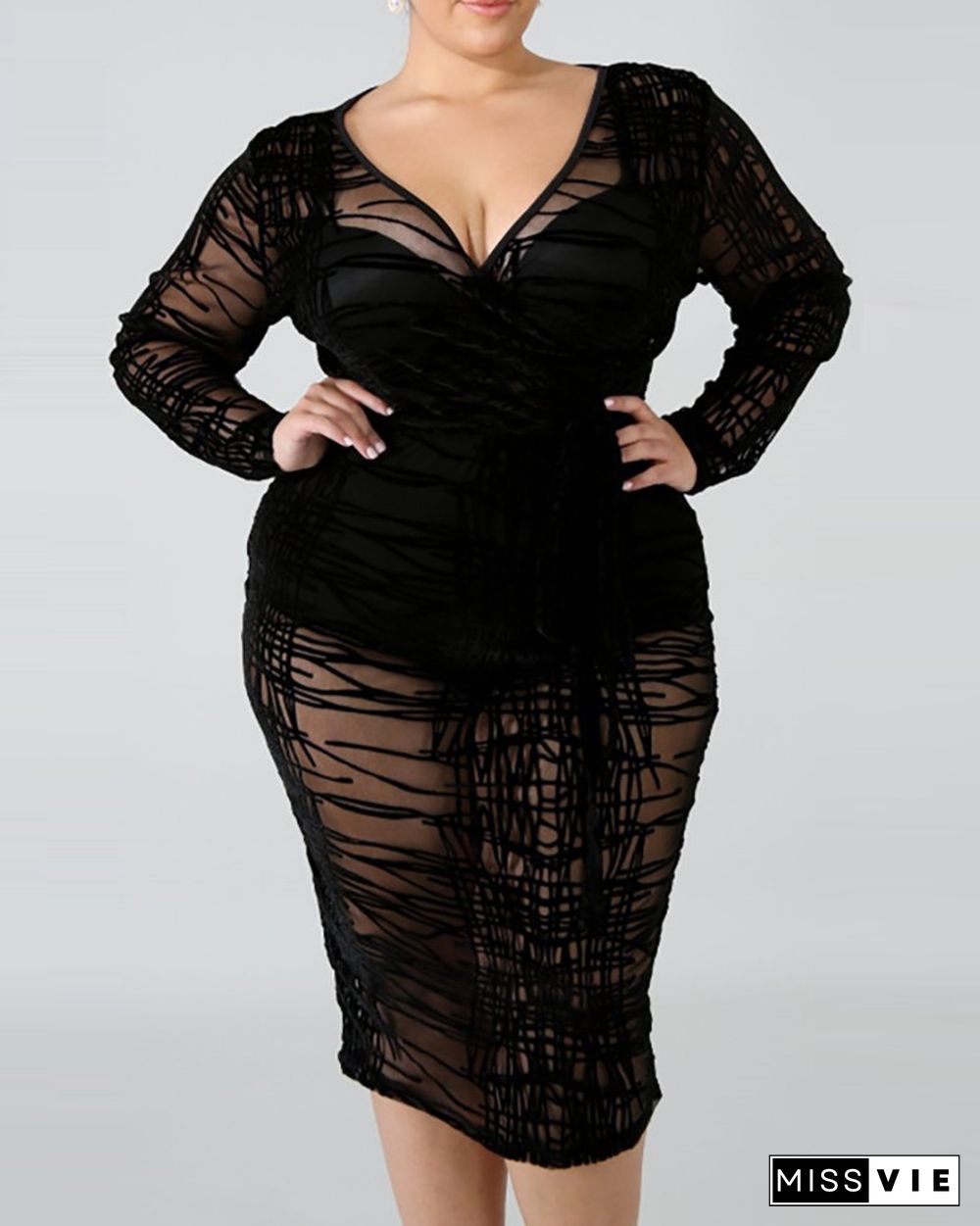 Plus Size Sheer Mesh Slit Midi Dress