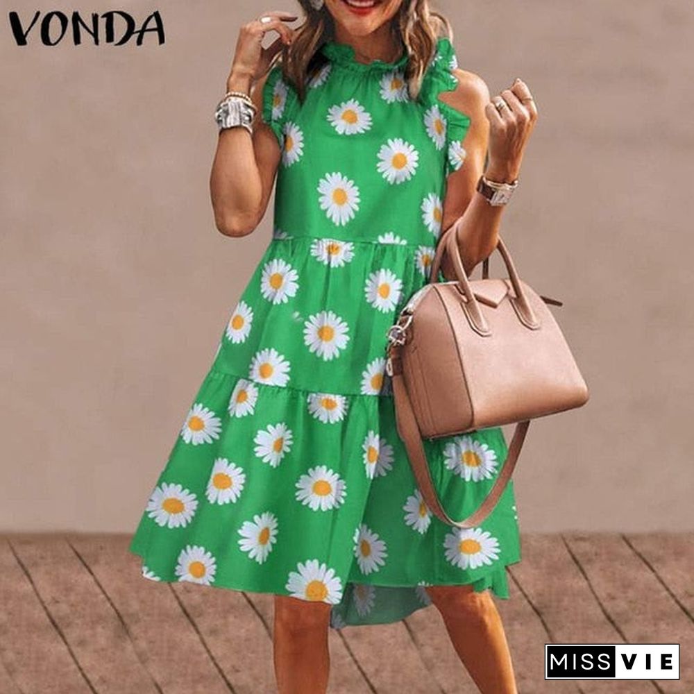 Summer Short Dress Women Sexy Sleeveless Ruffled Dress Beach Holiday Sundress VONDA Bohemian Vestidos Plus Size Robe Femme