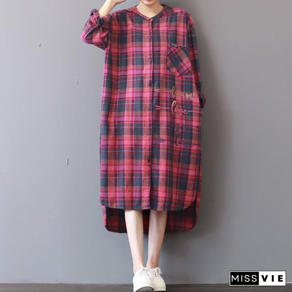 fashion plaid prints cotton caftans Loose fitting cotton clothing shirt dress New low high design kaftans