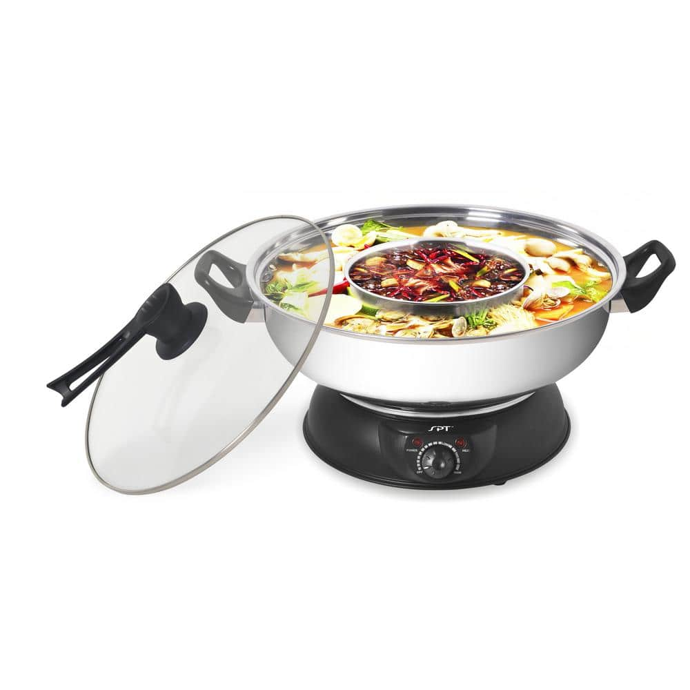 SPT Shabu Shabu 5 Qt. Stainless Steel Electric Multi-Cooker with Stainless Steel Pot and-Glass Lid SS-303A