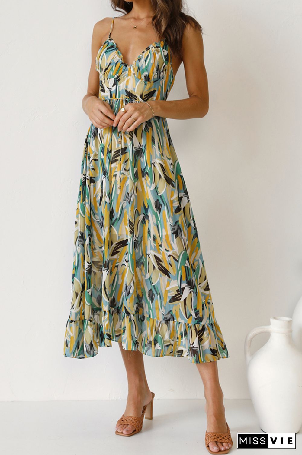 Fashion Print Split Joint Spaghetti Strap Cake Skirt Dresses