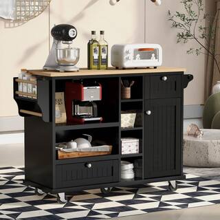 Tileon Black Kitchen Island Cart With Microwave Storage Cabinet Solid wood top 2-Locking Wheels Buffet Server Sideboard AYBSZHD2019