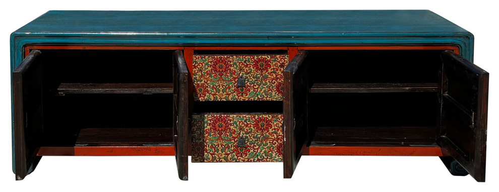 Chinese Tibetan Teal Blue Orange Floral Graphic Low TV Console Table Hcs7609   Asian   Entertainment Centers And Tv Stands   by Golden Lotus Antiques  Houzz