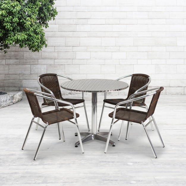 Flash Furniture Lila 31 5 x27 x27 Round Aluminum Indoor outdoor Table Set With 4 Rattan Chairs