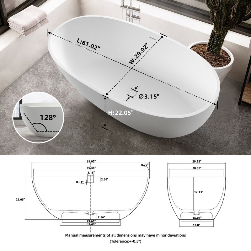 Alvana 61'' x 29.5'' Freestanding Soaking Solid Surface Bathtub