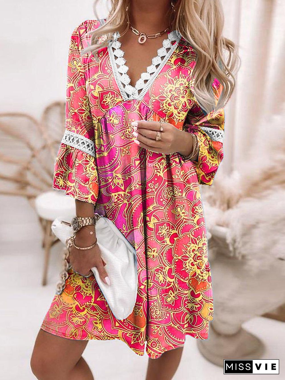 Flare Sleeve Vacation Long sleeve Woven Dress