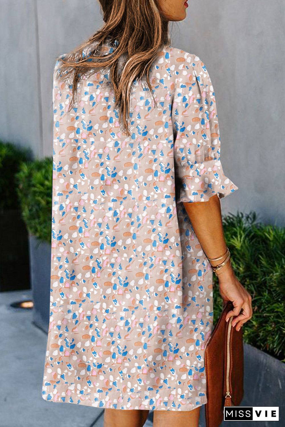 Pink Ruffled Sleeves Abstract Print Shift Dress