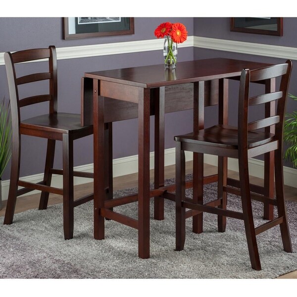 Wood Lynnwood 3-Pc Set， Drop Leaf Table and 2 Ladder Back Counter Stools， Walnut Finish