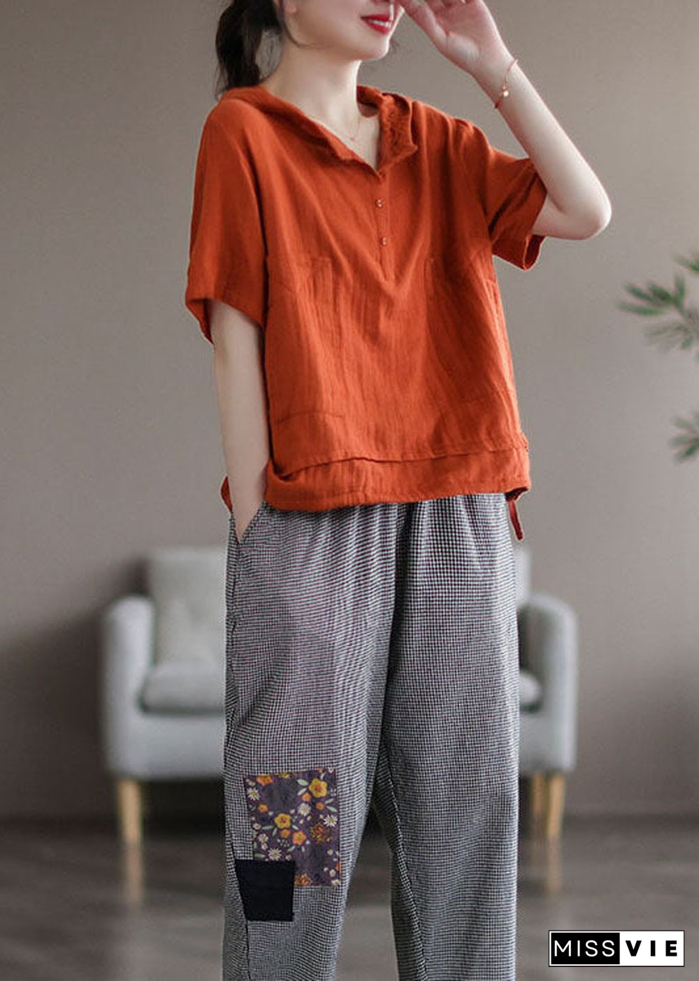 Orange Patchwork Cotton Sweatshirts Tracksuits Hooded Short Sleeve