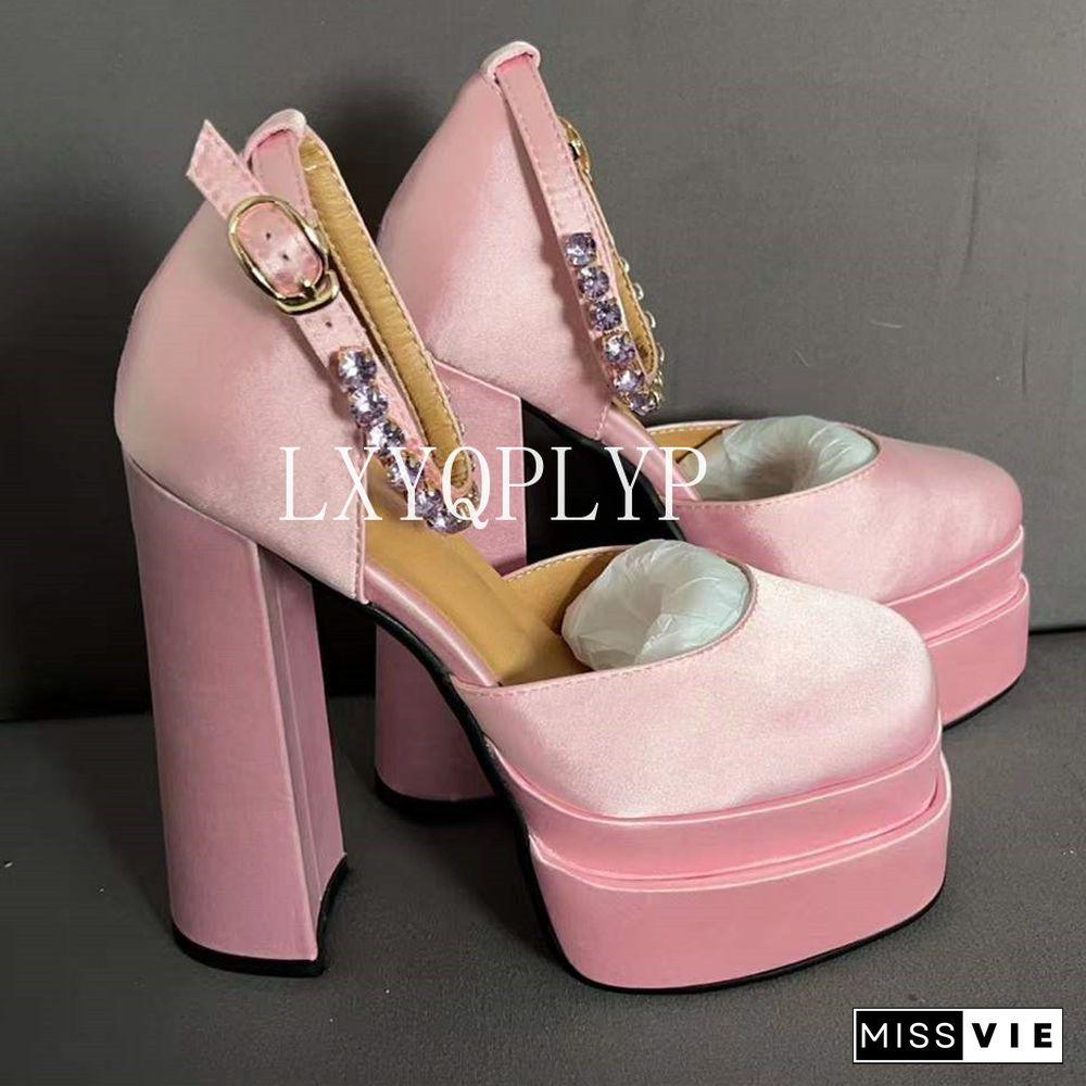 Brand Designer Pumps Luxury Satin Cloth Crystal Buckle Spring Summer Female Party Runway Shoes Round Toe High Heels Women Sandal