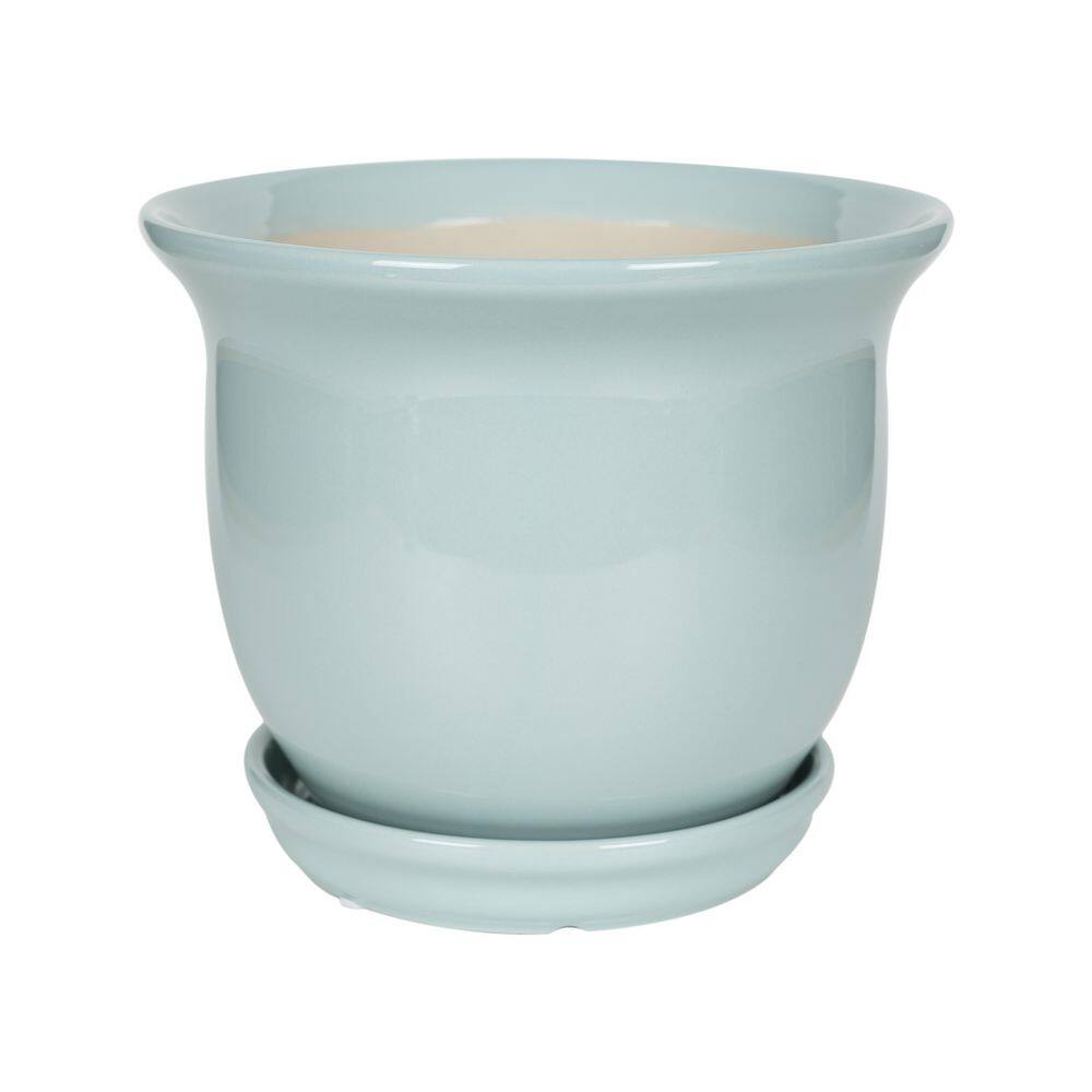 Vigoro 7.9 in. Coralie Small Seabreeze Blue Ceramic Planter (7.9 in. D x 6.7 in. H) with Drainage Hole and Attached Saucer 527402