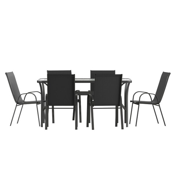 Commercial 7 Pc Outdoor Patio Dining Set with Glass Table and 6 Chairs