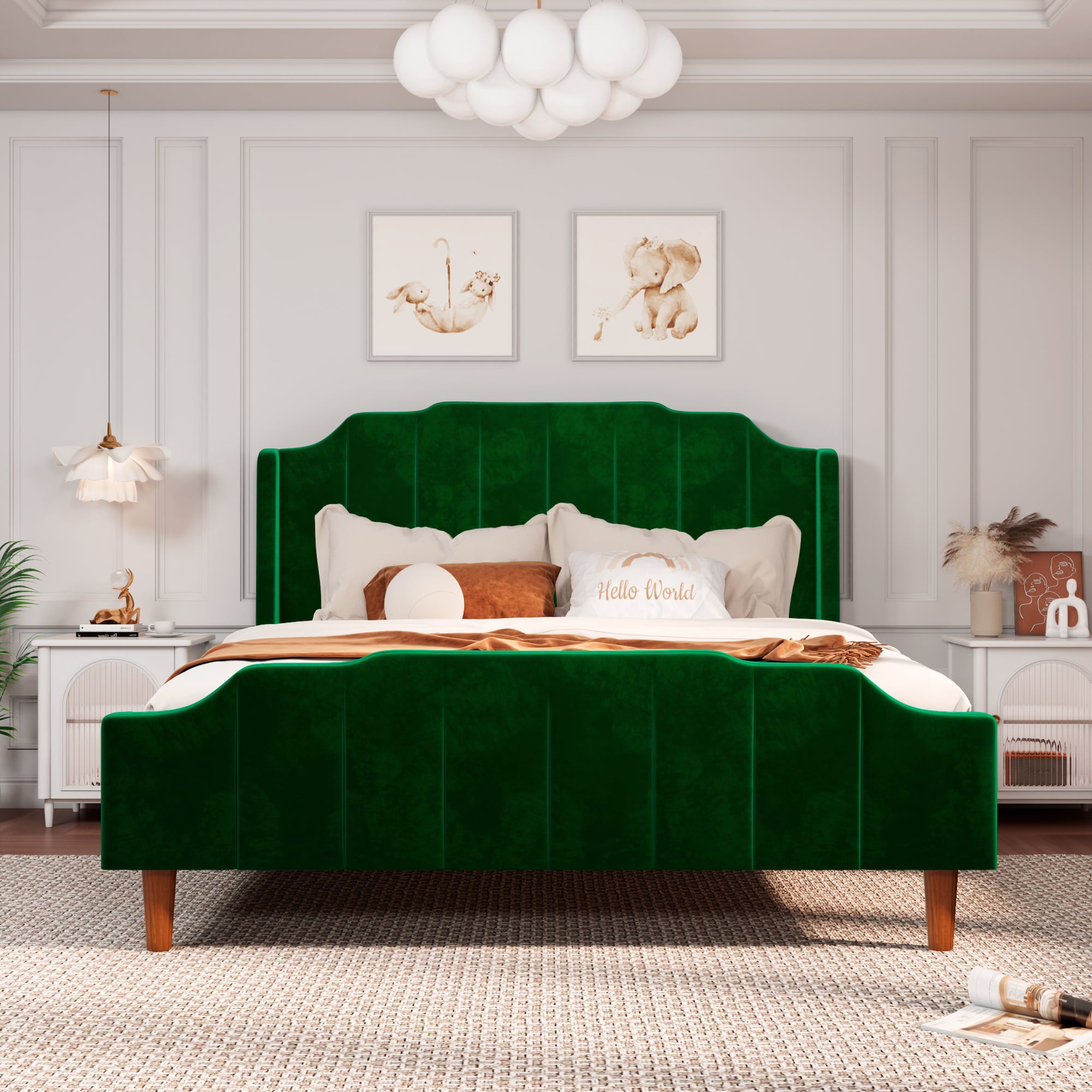 Allewie Queen Size Velvet Platform  Bed with Modern Curved Upholstered Headboard and Footboard, Green