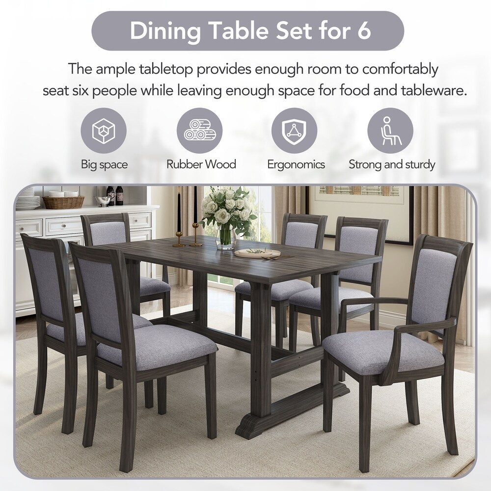 7 Piece Modern Wooden Dining Table Set with Upholstered Arm Dining Chairs and Rectangular Dining Table  for Dining Room