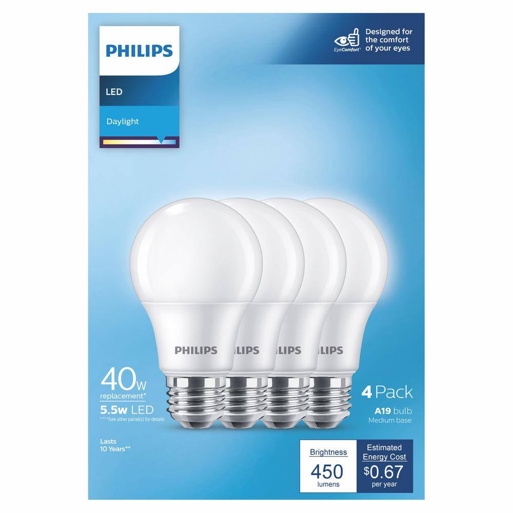 Philips 40-Watt Equivalent A19 Non-Dimmable E26 LED Light Bulb Daylight 5000K (4-Pack) 565358