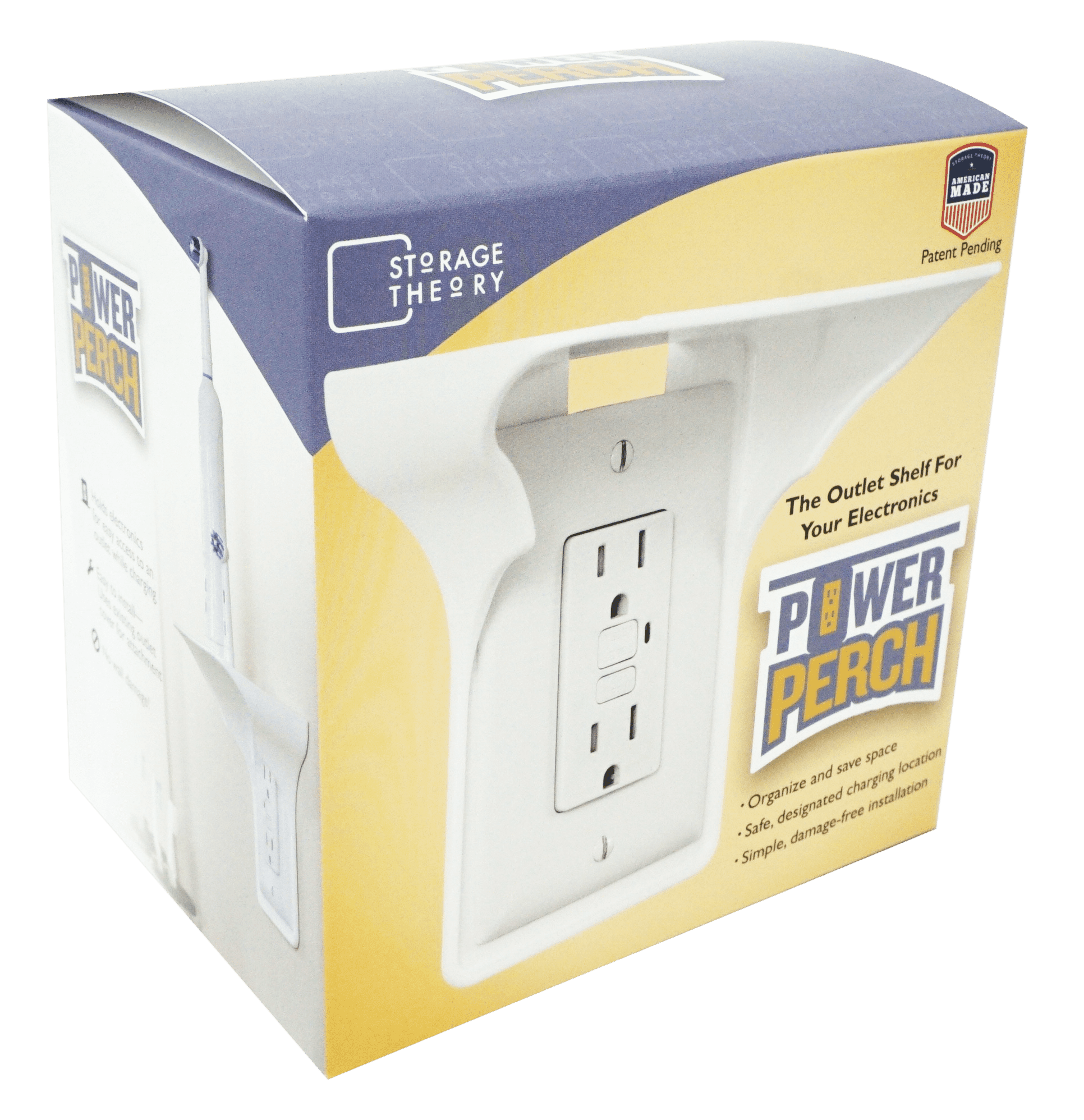 Power Perch Outlet Shelf - Use Existing Outlet to Create a Shelf - Cord Management - Easy Installation - White - 1PK