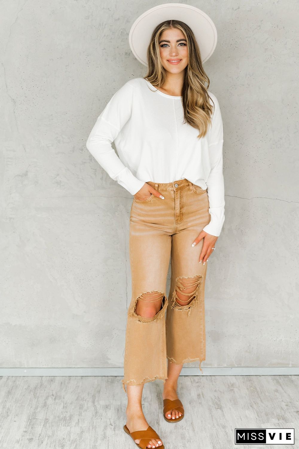 Distressed Hollow-out High Waist Cropped Flare Jeans