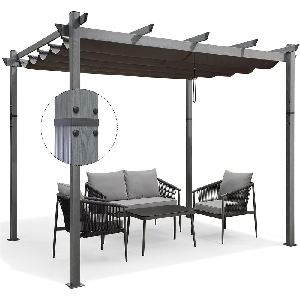 PURPLE LEAF Outdoor Aluminum Grey Wood Grain Frame Gazebo With Adjustable Canopy Patio Gazebo