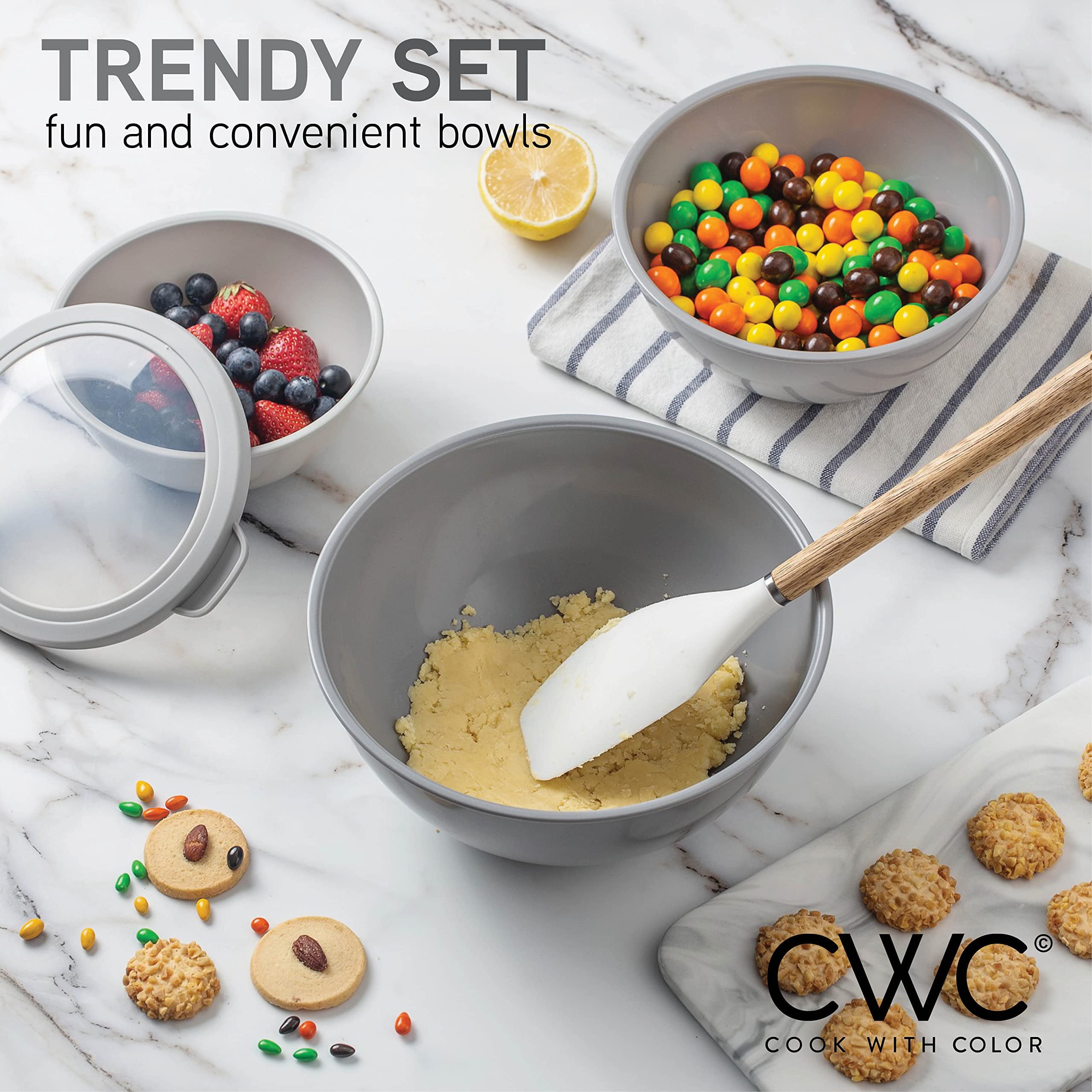 Cook with Color Mixing Bowls with TPR Lids - 12 Piece Plastic Nesting Bowls Set includes 6 Prep Bowls and 6 Lids