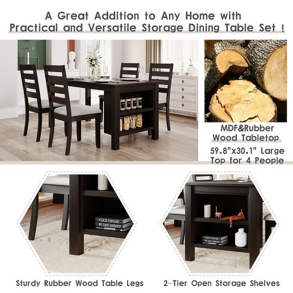 Farmhouse kitchen table set with 2 shelves and 4 upholstered dining chairs， 5 piece table set