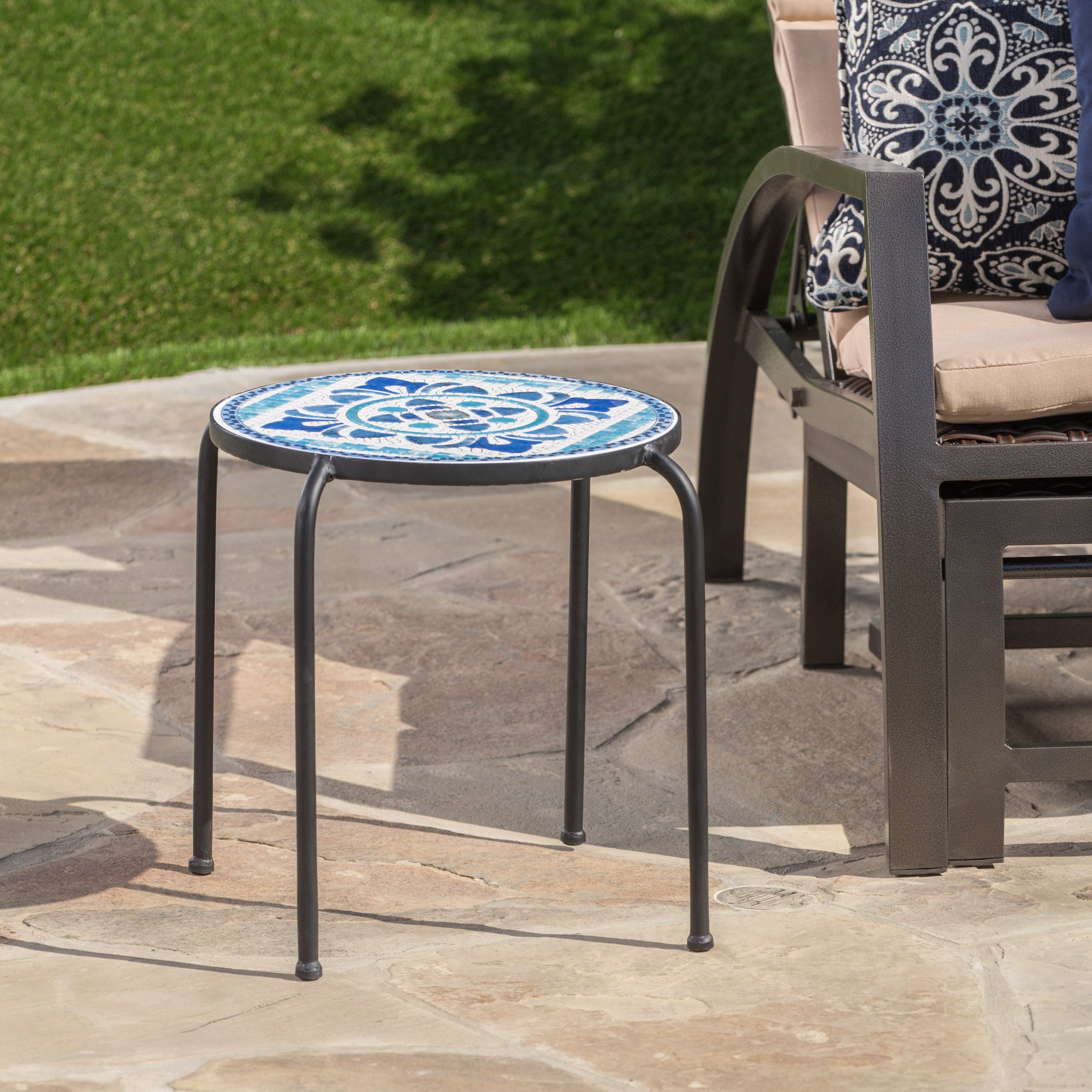 Sindarin Outdoor Blue & White Ceramic Tile Iron Frame Side Table