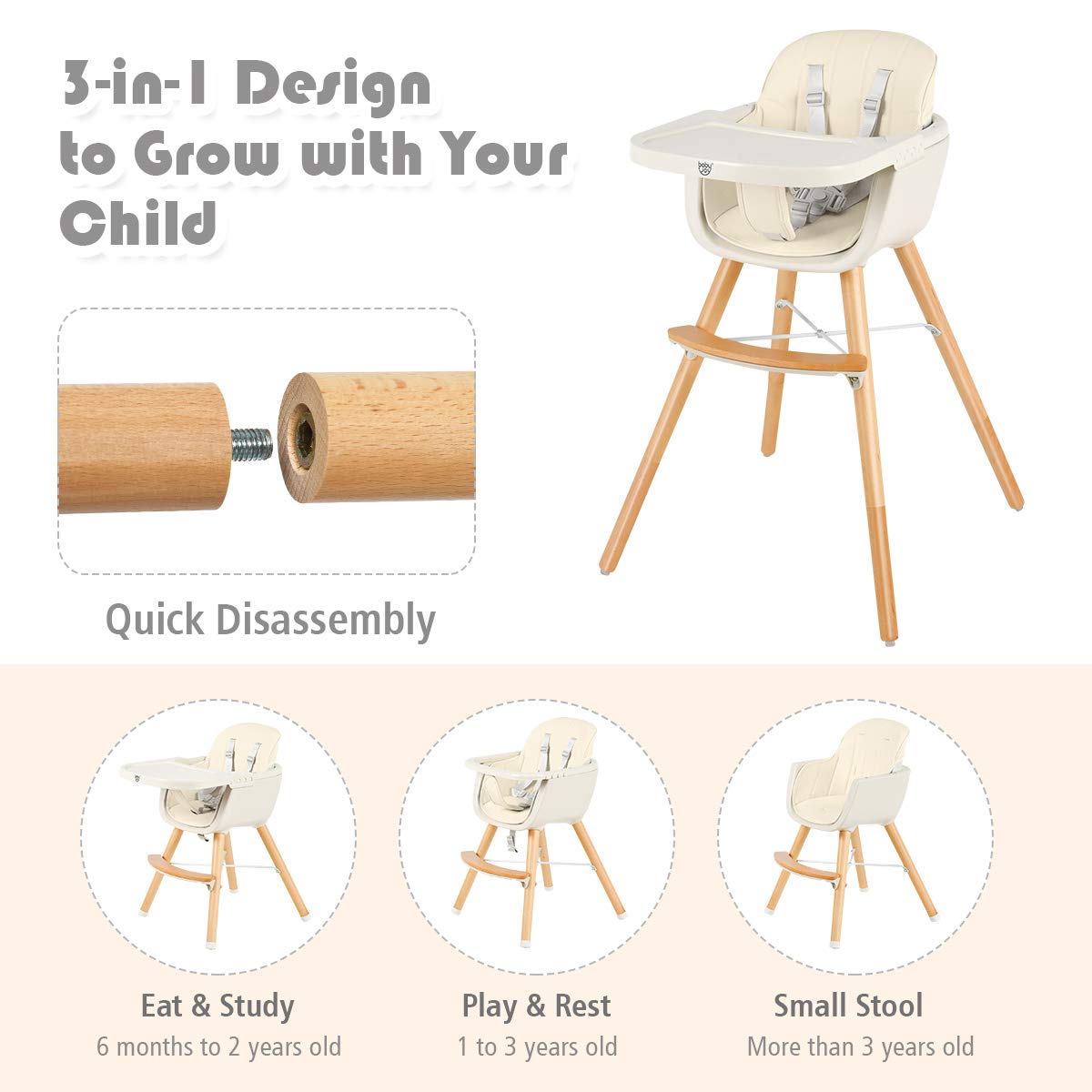 BABY JOY Convertible Baby High Chair, 3 in 1 Wooden Highchair/Booster/Chair with Removable Tray (Beige)