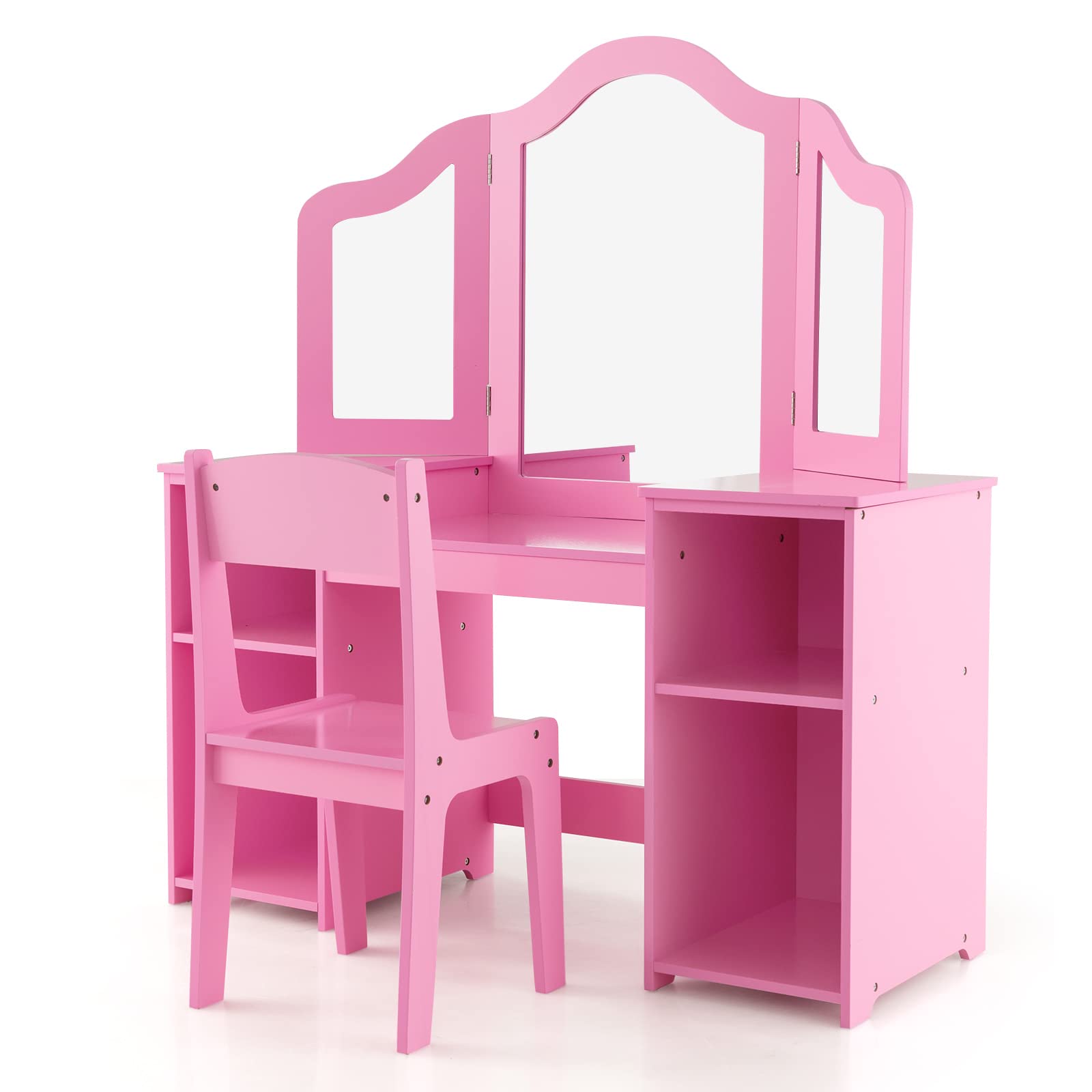 Costzon Kids Vanity Set, 2 in 1 Princess Makeup Dressing Table with Detachable Tri-Folding Mirror