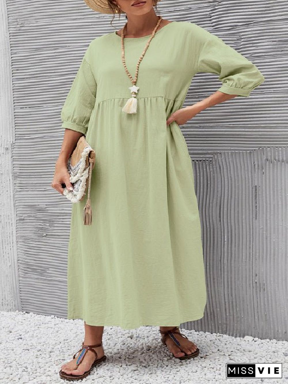 Women'S Dresses Solid Crew Neck Balloon Sleeve Pocket Dress