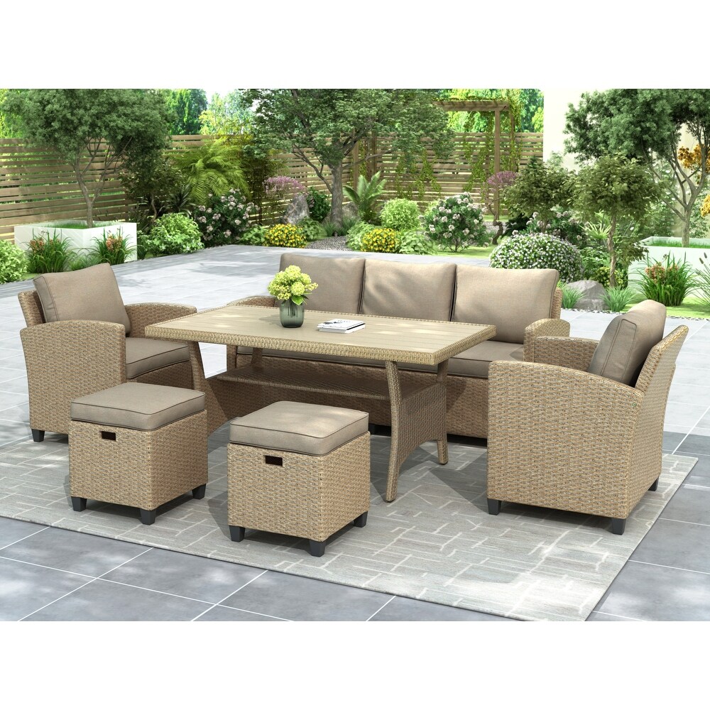 Rasoo 6 Piece Outdoor Rattan Wicker Patio Furniture Garden Backyard Sectional Sofa Set with 2 Stools and Removable Cushions