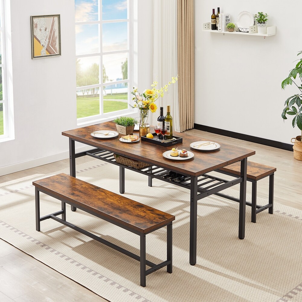 Rectangular 3PC Sets Fixed Dining Table Set with Bench Seating and Particle Board Dining Table   Storage Racks for Dining Room