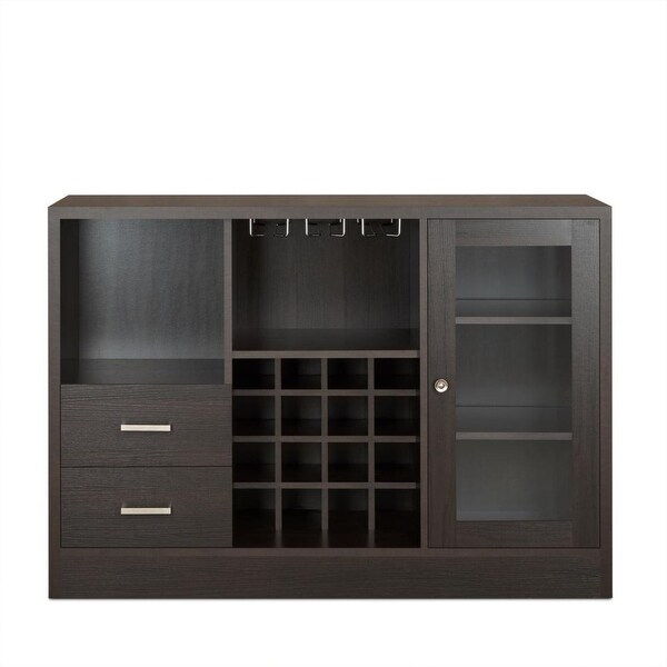 Wooden Server with One Side Door Storage Cabinets and Two Drawers， Espresso Brown