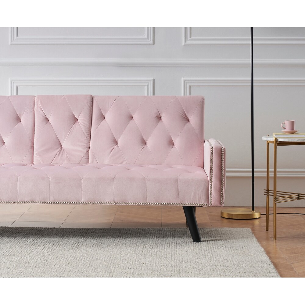 Modern Tufted Back Sofa Velvet Sleeper Sofa Bed Livingroom Adjustable Back Sofa Bed with Nail Head Trim   2 Cup Holders