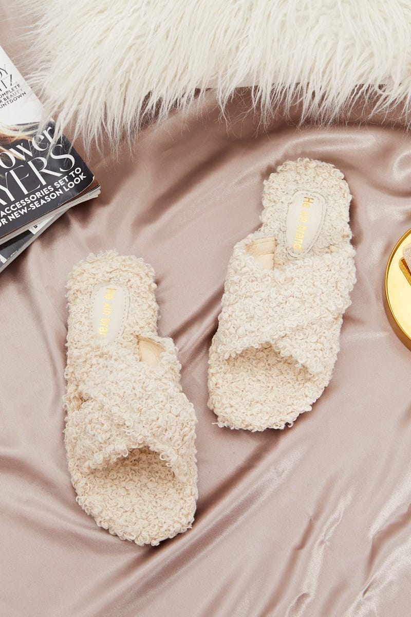 White Plus Borg Fluffy Teddy Crossover Slider Slippers