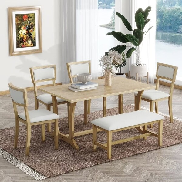 6Piece Trestle Dining Table Set w/ Upholstered Dining Chairs and Bench