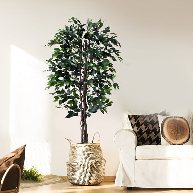 Artificial Ficus Silk Tree In Wicker Basket， Indoor Artificial Plant For Home Decor